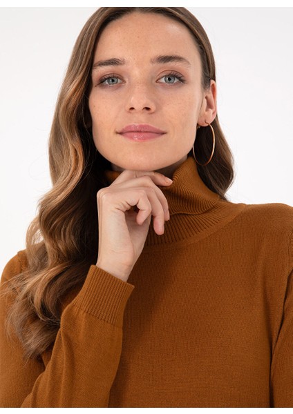 Kahve Kadın Tam Balıkçı Slim Fit Düz Kazak E-Feva fiyatları