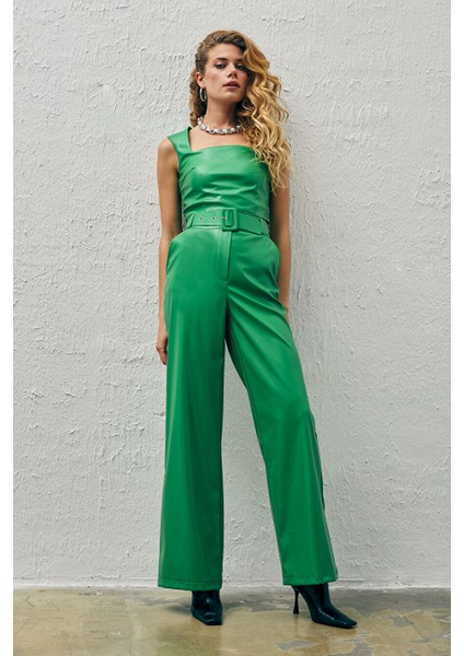 Kare Yaka Deri Crop Bluz - Yeşil