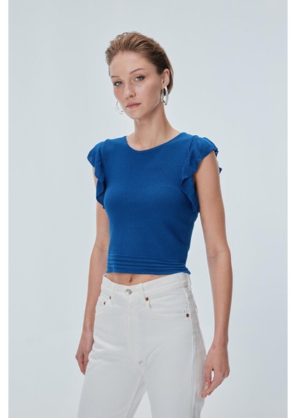 Omzu Fırfır Detaylı Saks Bluz