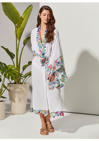Düz Beyaz Kadın Kimono 3266-03 Çiçek Desen Uzun Kaftan