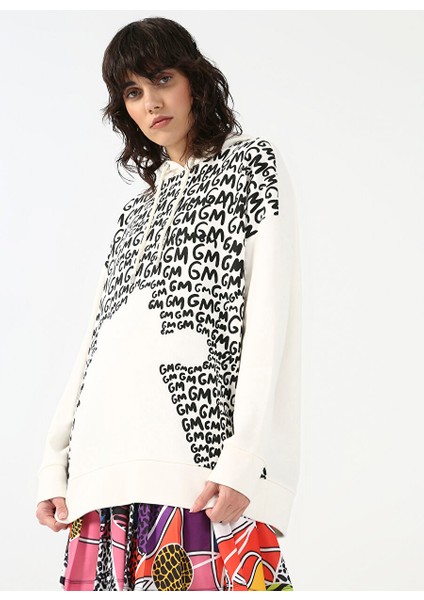 Fluffy Bisiklet Yaka Oversize Ekru Kadın Sweatshirt Ffy-27