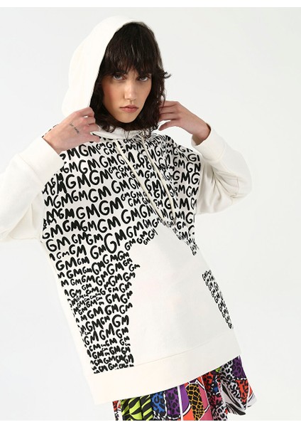 Fluffy Bisiklet Yaka Oversize Ekru Kadın Sweatshirt Ffy-27