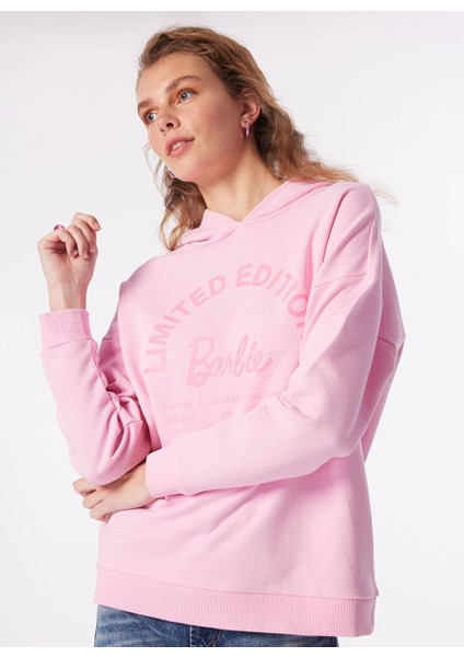 Pembe Kadın Kapüşonlu Oversize Baskılı Sweatshirt BRB4SL-SWT6086