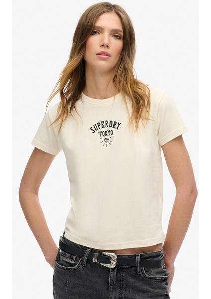 Krem Kadın Standart Baskılı T-Shirt W1011332A
