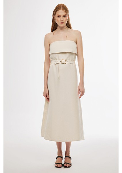 Brates Regular Fit Midi Boy Straplez Bej Renk Elbise