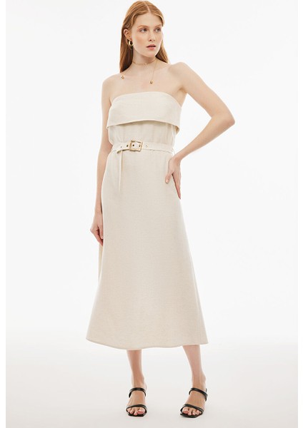 Brates Regular Fit Midi Boy Straplez Bej Renk Elbise fiyatları