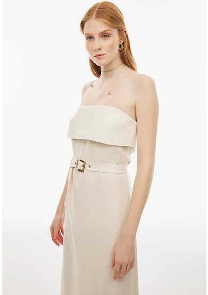 Brates Regular Fit Midi Boy Straplez Bej Renk Elbise modelleri