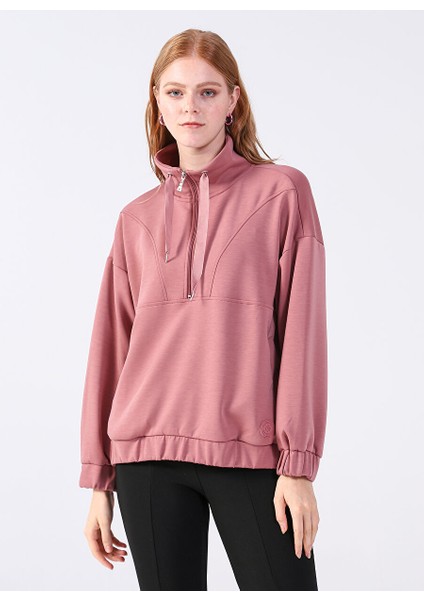 Fermuarlı Yaka Pembe Kadın Sweatshırt Y-Chrıstına