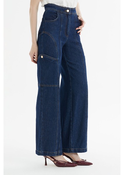 Parçalı Kontrast Dikiş Detaylı Kargo Mavi Denim Pantolon fiyatları