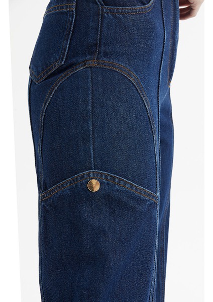 Parçalı Kontrast Dikiş Detaylı Kargo Mavi Denim Pantolon fırsatları