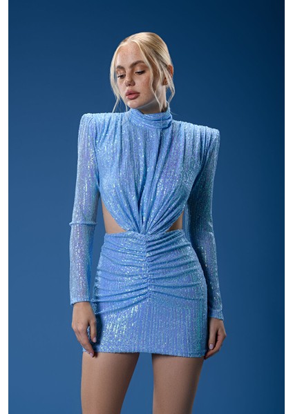 Mavi Payetli Cut Out Detaylı Mini Elbise