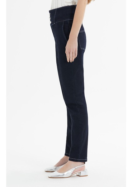 Kruvaze Kapama Beyaz Kontrast Dikiş ve Nervürlü Salopet Mavi Denim