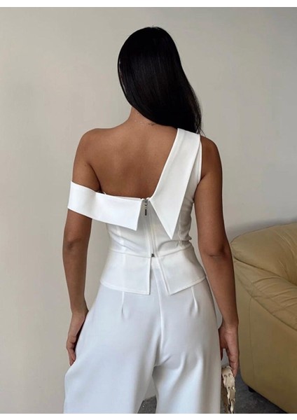 Kadın Beyaz Ceket Yaka Tek Omuz Fermuarlı Business Büstiyer Bluz modelleri