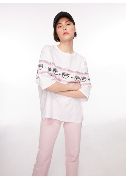 Bisiklet Yaka Baskılı Beyaz Kadın T-Shirt 75CBHF01 indirimleri