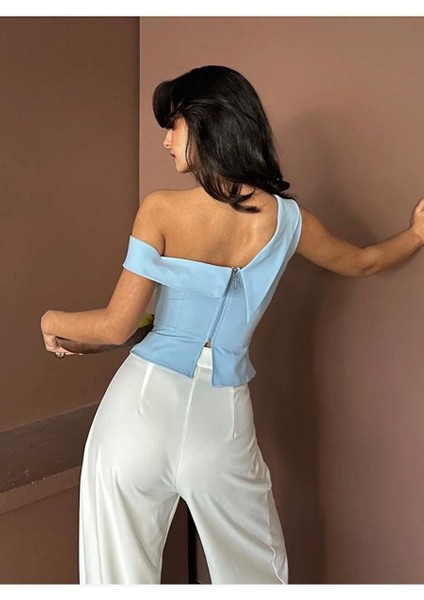Kadın Bebek Mavi Ceket Yaka Tek Omuz Fermuarlı Business Büstiyer Bluz