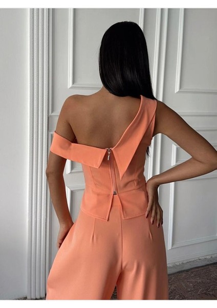 Kadın Turuncu Ceket Yaka Tek Omuz Fermuarlı Business Büstiyer Bluz