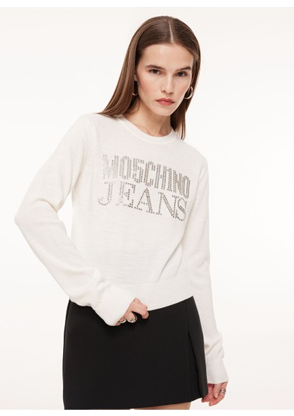 Beyaz Kadın Bisiklet Yaka Baskılı Sweatshirt A0908