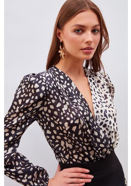 Kruvaze Desenli Bodysuit - Bej-Siyah fiyatları