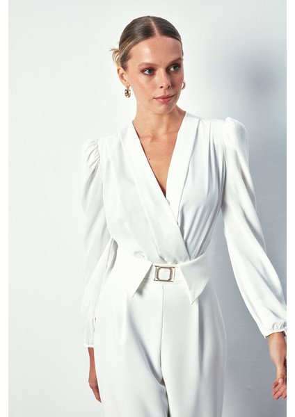 Kruvaze Vatkalı Bodysuit - Ekru