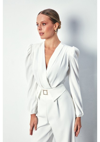 Kruvaze Vatkalı Bodysuit - Ekru fırsatları