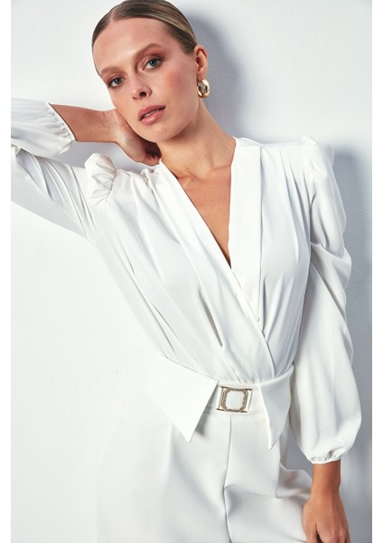 Kruvaze Vatkalı Bodysuit - Ekru indirimleri