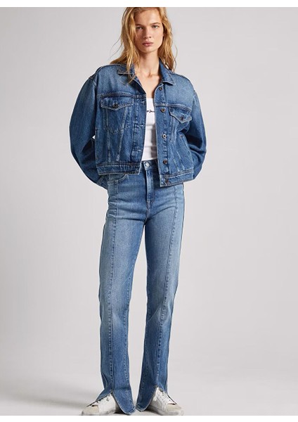 Çizgili Koyu Mavi Kadın Denim Pantolon PL2046862