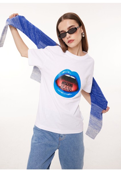 Bisiklet Yaka Baskılı Beyaz Kadın T-Shirt A0710