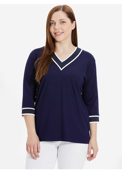 V Yaka Simli Lacivert Kadın Bluz 24YSL8894-BB