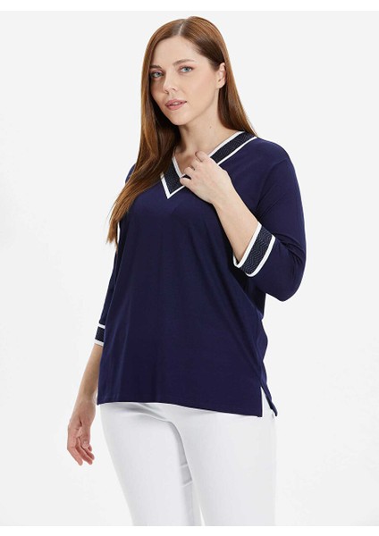 V Yaka Simli Lacivert Kadın Bluz 24YSL8894-BB modelleri