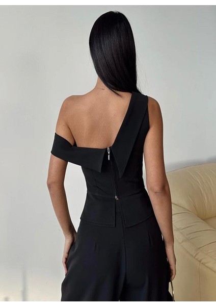 Kadın Siyah Ceket Yaka Tek Omuz Fermuarlı Business Büstiyer Bluz