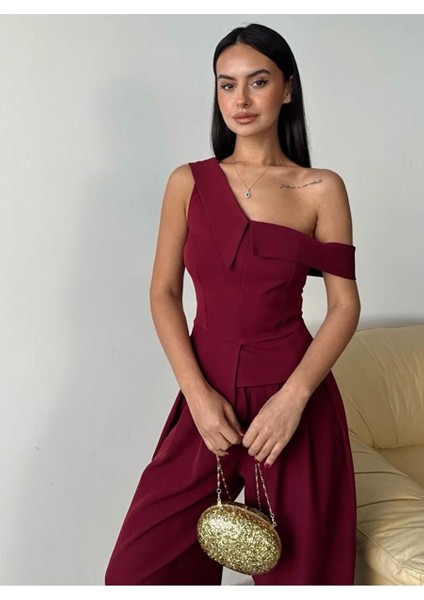 Kadın Bordo Ceket Yaka Tek Omuz Fermuarlı Business Büstiyer Bluz