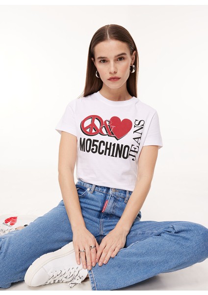Bisiklet Yaka Baskılı Beyaz Kadın T-Shirt J0713