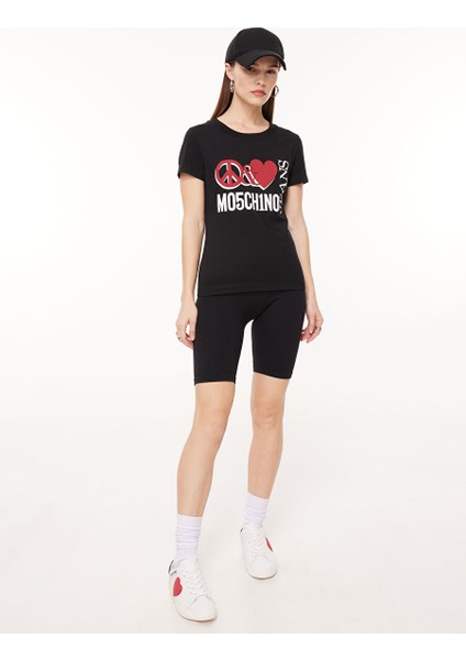 Bisiklet Yaka Baskılı Siyah Kadın T-Shirt A0707 modelleri