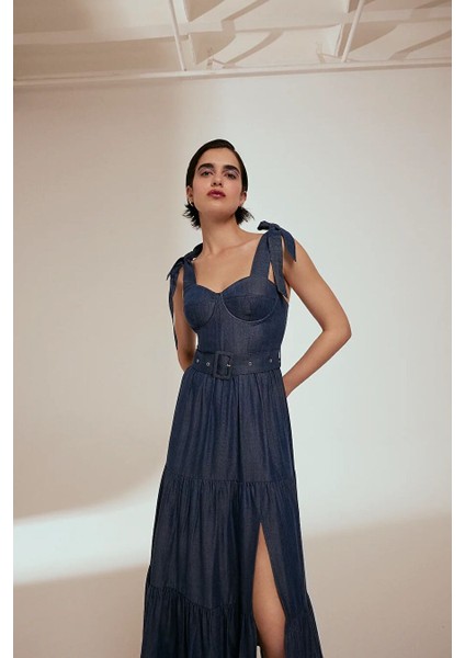 Askı Detaylı Büstiyer Midi Jean Elbise