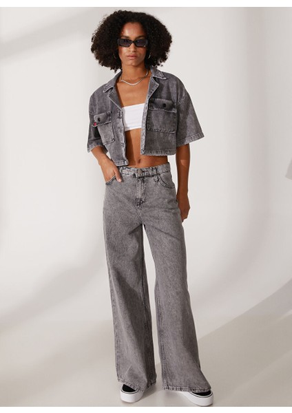 L32A003035 Yüksek Bel Geniş Paça Relax Fit Kadın Denim Pantolon