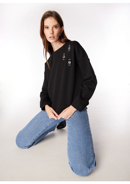 Siyah Kadın Bisiklet Rahat Taşlı Sweatshirt FC4WL-SWT0518
