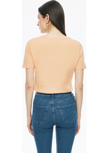 Kelins Regular Fit Crop Boy Bisiklet Yaka Kayısı Renk Kadın Tişört