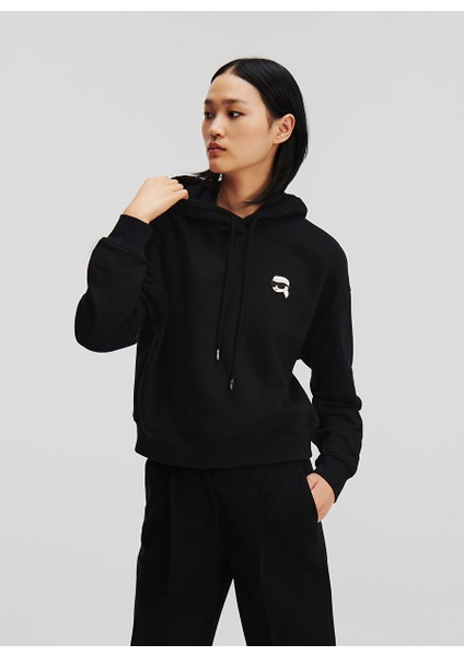 Kapüşon Yaka Düz Siyah Kadın Sweatshırt 236W1802
