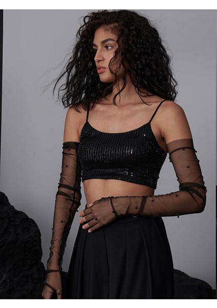 Ince Askılı Payetli Crop Bluz - Siyah