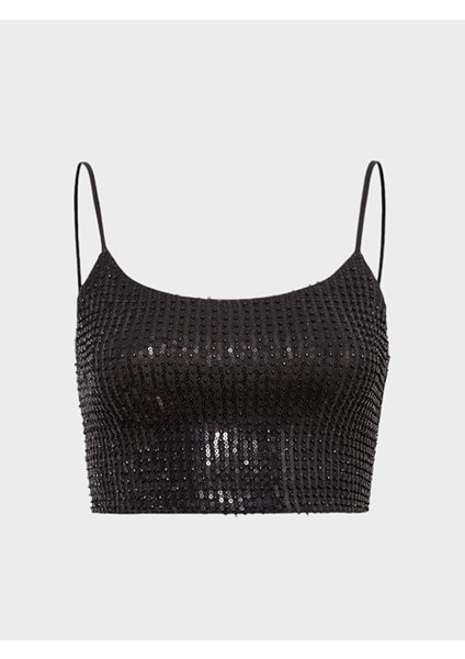 Ince Askılı Payetli Crop Bluz - Siyah