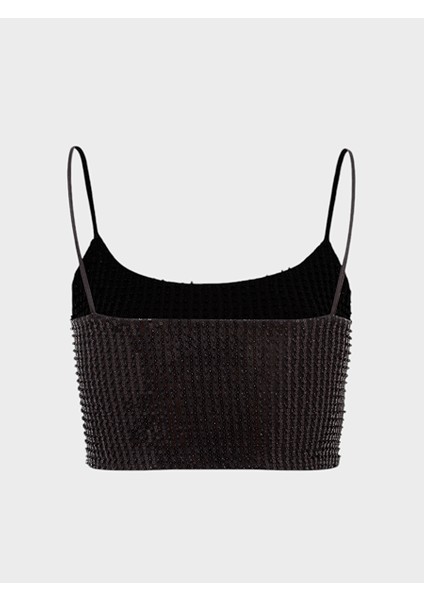 Ince Askılı Payetli Crop Bluz - Siyah