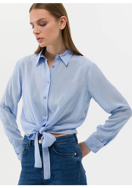 Regular Fit Gömlek Yaka Düz Indigo Kadın Gömlek Lısa fiyatları
