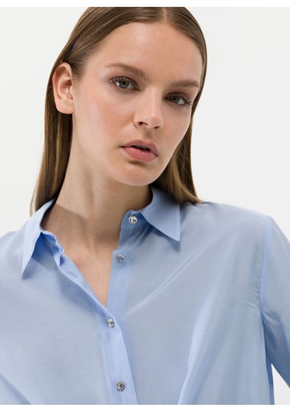 Regular Fit Gömlek Yaka Düz Indigo Kadın Gömlek Lısa modelleri