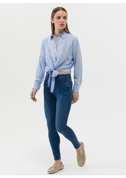 Regular Fit Gömlek Yaka Düz Indigo Kadın Gömlek Lısa fırsatları