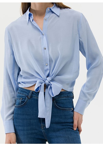 Regular Fit Gömlek Yaka Düz Indigo Kadın Gömlek Lısa
