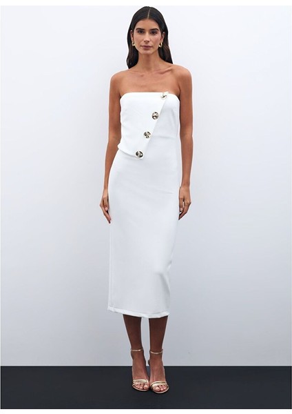Düğme Aksesuarlı Straplez Elbise - Ekru