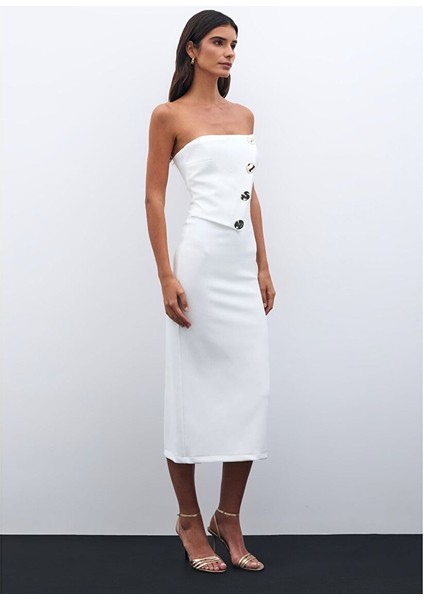 Düğme Aksesuarlı Straplez Elbise - Ekru fiyatları