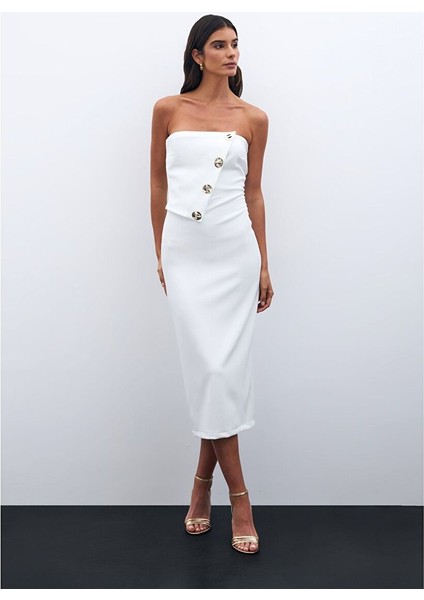 Düğme Aksesuarlı Straplez Elbise - Ekru modelleri