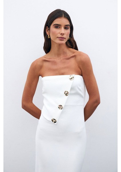 Düğme Aksesuarlı Straplez Elbise - Ekru fırsatları