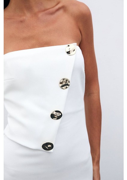 Düğme Aksesuarlı Straplez Elbise - Ekru